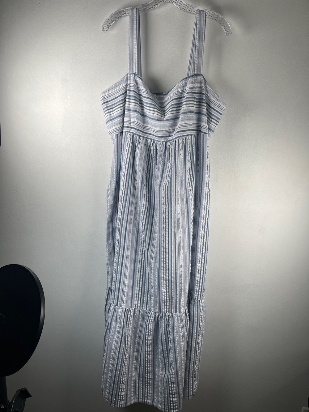 London Times Woman Cotton Light Blue Striped Midi Sundress with Pockets Sz 16W